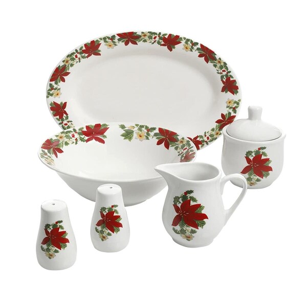 Gibson 7 Piece Poinsettia Porcelain Serving SetRed - 99825.07R