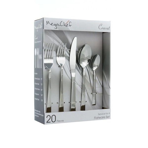 Megachef 4 in. Cravat Flatware Utensil Set, Silver - 20 Piece - MCFW-CRAVAT-SILVER