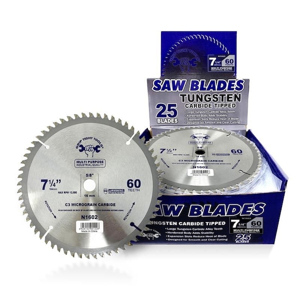 Grip Tight Tools 7-1/4-inch Professional 60-Tooth Tungsten Carbide Tipped Circular Saw Blade, Multi-Purpose, 25PK - N1602-25
