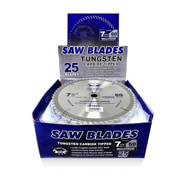 Grip Tight Tools 7-1/4-inch Professional 60-Tooth Tungsten Carbide Tipped Circular Saw Blade, Multi-Purpose, 25PK - N1602-25
