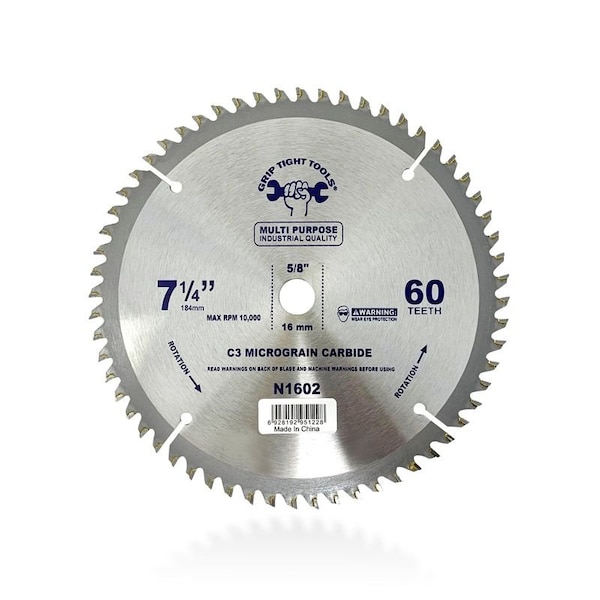 Grip Tight Tools 7-1/4-inch Professional 60-Tooth Tungsten Carbide Tipped Circular Saw Blade, Multi-Purpose, 25PK - N1602-25