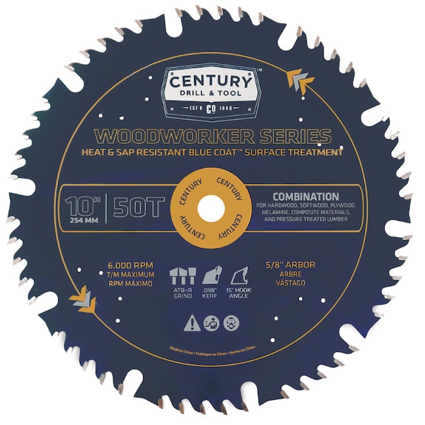 Century Drill & Tool Circular Saw Blade Professional Wood Working 10 50T 5/8 Arbor Combo - 10602