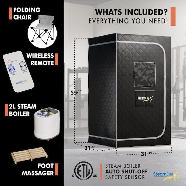 Steamspa Portable 1-Person Home Sauna with 2-Liter Steam Generator, Digital Control and Folding Chair - SP-SS0003-1P