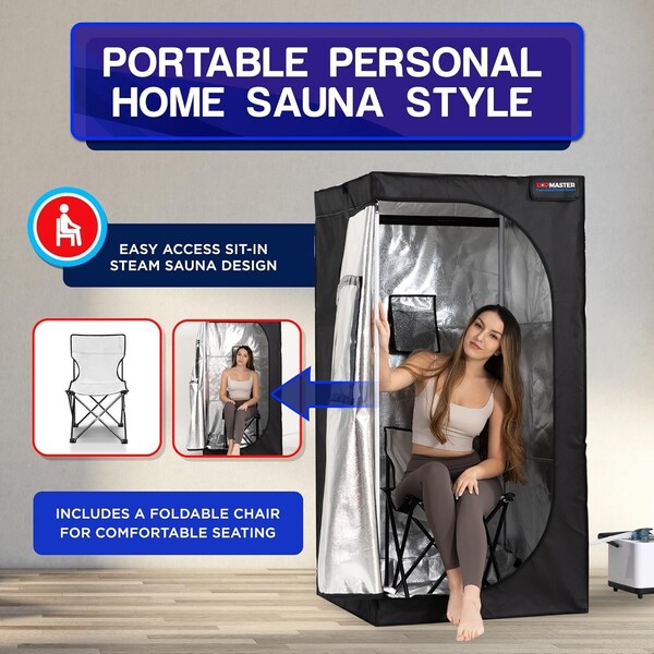 Topmaster Portable Sauna Steam Tent, Full Size Home Sauna Box, 3L 1000W Generator, Folding Chair, 9 Levels - TMSAUST20BLK