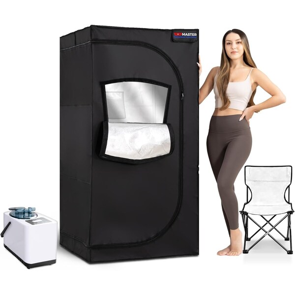 Topmaster Portable Sauna Steam Tent, Full Size Home Sauna Box, 3L 1000W Generator, Folding Chair, 9 Levels - TMSAUST20BLK
