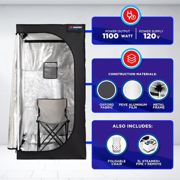 Topmaster Portable Sauna Steam Tent, Full Size Home Sauna Box, 3L 1000W Generator, Folding Chair, 9 Levels - TMSAUST20BLK