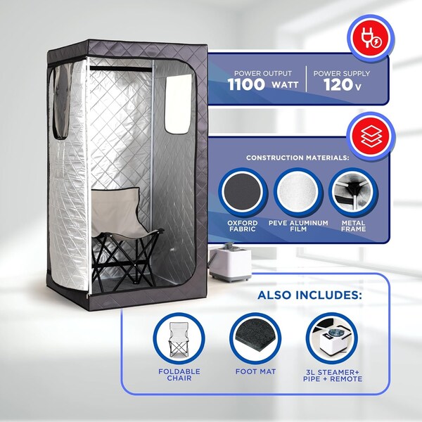 Topmaster Full-Size Portable Home Steam Sauna, 3L 1000W Generator, Folding Chair and Remote Control, Indoor Use - TMSAUST30BLK