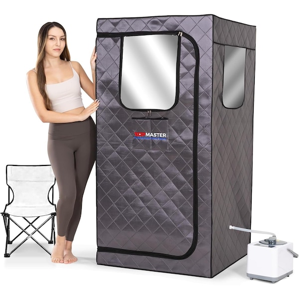 Topmaster Full-Size Portable Home Steam Sauna, 3L 1000W Generator, Folding Chair and Remote Control, Indoor Use - TMSAUST30BLK
