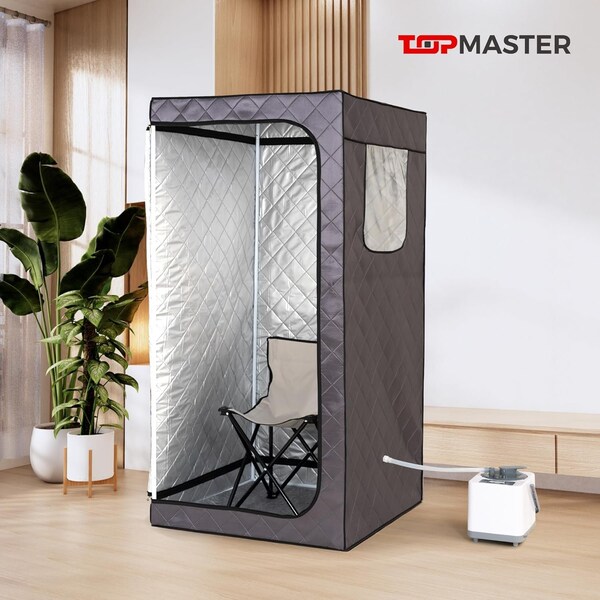 Topmaster Full-Size Portable Home Steam Sauna, 3L 1000W Generator, Folding Chair and Remote Control, Indoor Use - TMSAUST30BLK