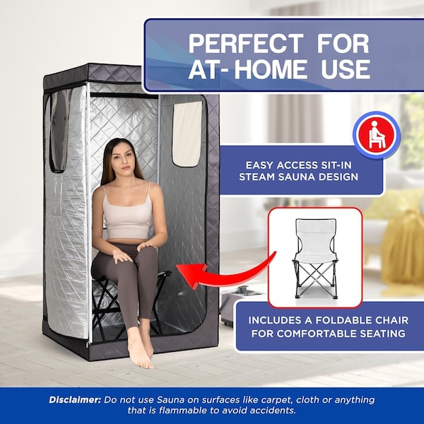 Topmaster Full-Size Portable Home Steam Sauna, 3L 1000W Generator, Folding Chair and Remote Control, Indoor Use - TMSAUST30BLK
