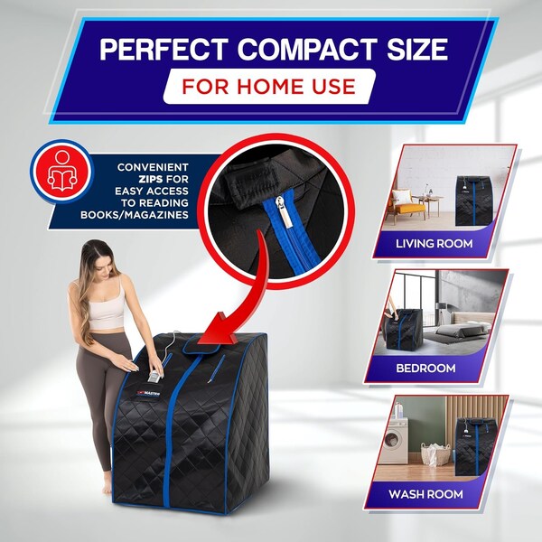 Topmaster Compact Infrared Home Sauna Kit, 1050W, Foldable Chair, Zipped Access, 140 DegF, Black - TMSAUIN48BLK