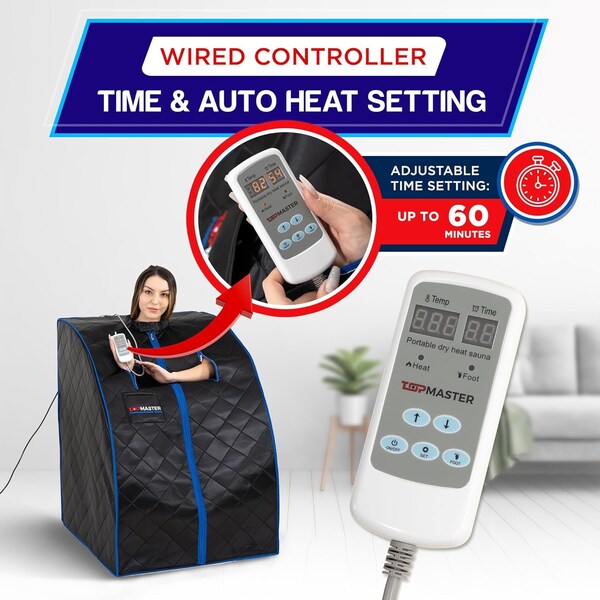 Topmaster Compact Infrared Home Sauna Kit, 1050W, Foldable Chair, Zipped Access, 140 DegF, Black - TMSAUIN48BLK