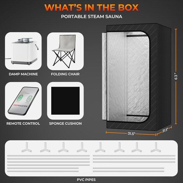 Topmaster Portable Steam Sauna, 99-Min Timer, 9 Heat Levels, 3L Steamer, Foldable Chair, Gray Waterproof Tent - TMSAUST30BLK.6
