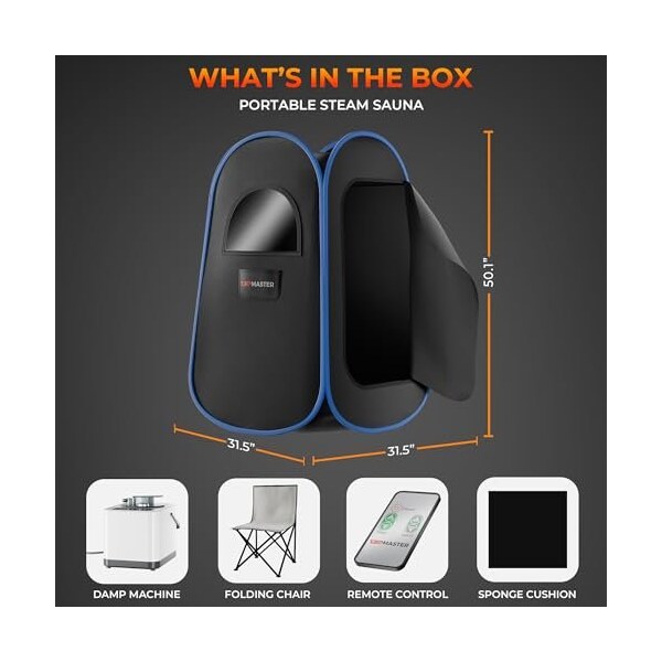 Topmaster Portable Steam Sauna for Home, 3L Steamer, 9 Heat Levels, Black Waterproof Tent, Chair - TMSAUST10BLK.6