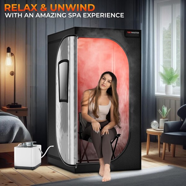 Topmaster Portable Steam Sauna, 99-Min Timer, 9 Heat Levels, 3L Steamer, Black Waterproof Tent, Chair - TMSAUST20BLK.6