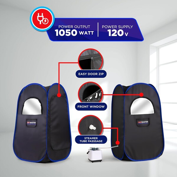 Topmaster Foldable Portable Steam Sauna, 3L 1100W Generator, Sauna Tent with Chair and Remote, Black - TMSAUST10BLK