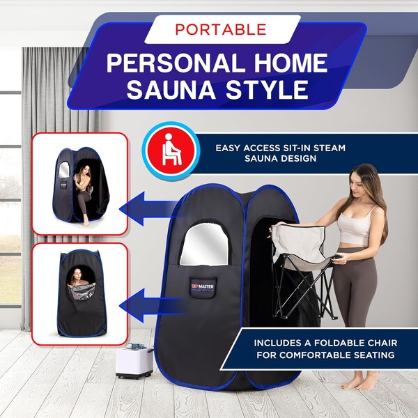 Topmaster Foldable Portable Steam Sauna, 3L 1100W Generator, Sauna Tent with Chair and Remote, Black - TMSAUST10BLK
