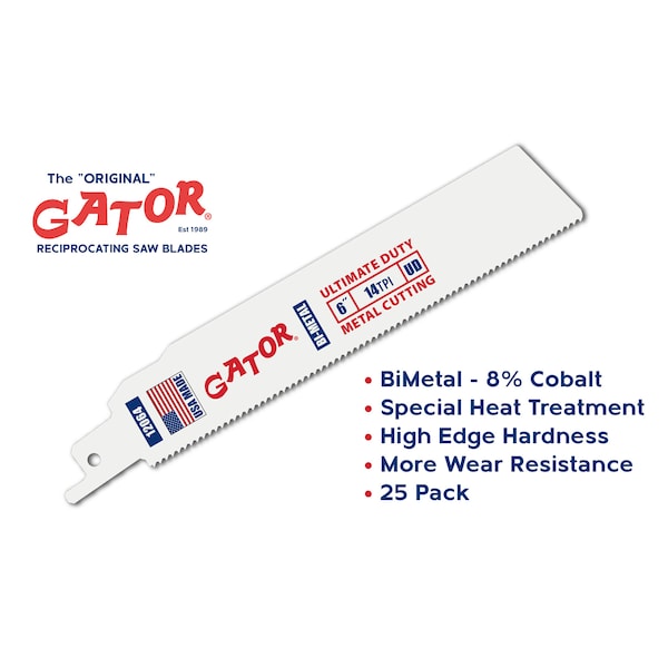 Gator Reciprocating Saw Blade 6 in. x 1 in. x 14tpi #12064-25, Ultimate Duty Metal Cutting, 25PK - 12064-25