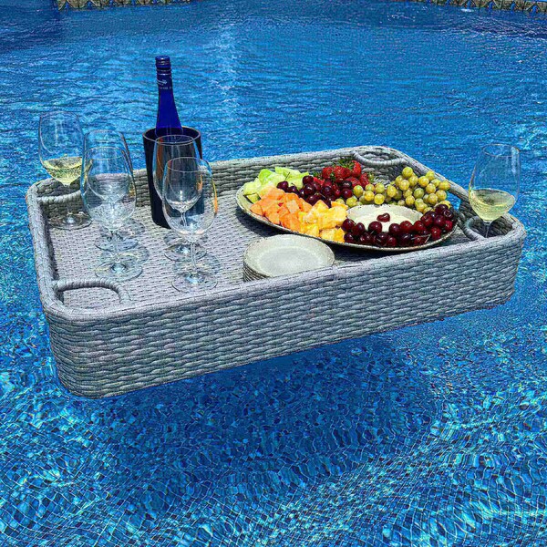 Sunjoy 36 in. x 24 in. Wicker floating pool tray, Grey - F403001000