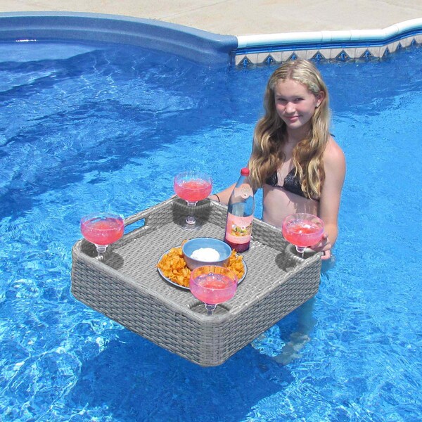 Sunjoy 24 in. x 24 in. Wicker floating pool tray, Grey - F403000910