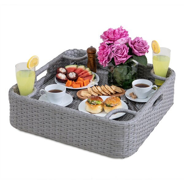 Sunjoy 24 in. x 24 in. Wicker floating pool tray, Grey - F403000910