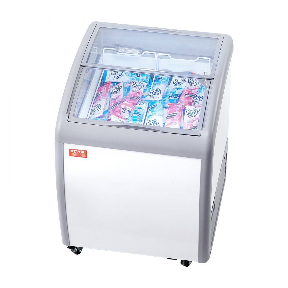 VEVOR Commercial Ice Cream Display Case, 5.4 Cu.ft Chest Freezer, Mobile Glass Top Deep Freezer, Restaurant Gelato Dipping Cabinet with 2 Wire Baskets, 2 Sliding Glass Doors, Locking Casters, White - LDSBQLZSJ54C77JUQV1