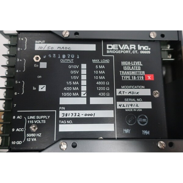 Devar High Level Isolated Transmitter 10/50Madc Other Electrical Component - 18-119-RT-M31X 381732-0001