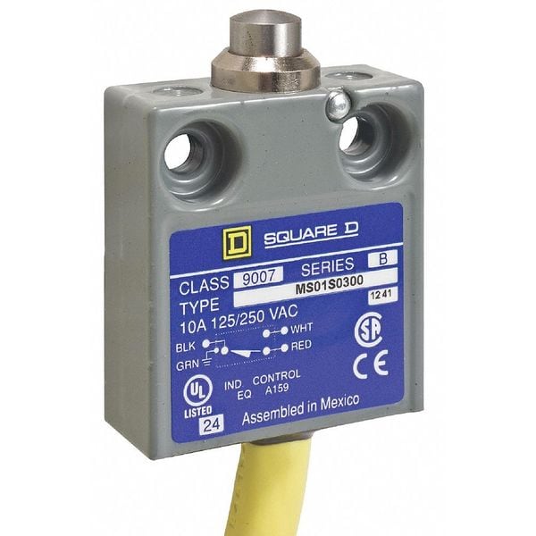 Interruptor de límite Telemecanique Sensors, émbolo, retorno por resorte, SPDT, 10A @ 240V AC, Ubicación del actuador: Arriba - 9007MS01S0500
