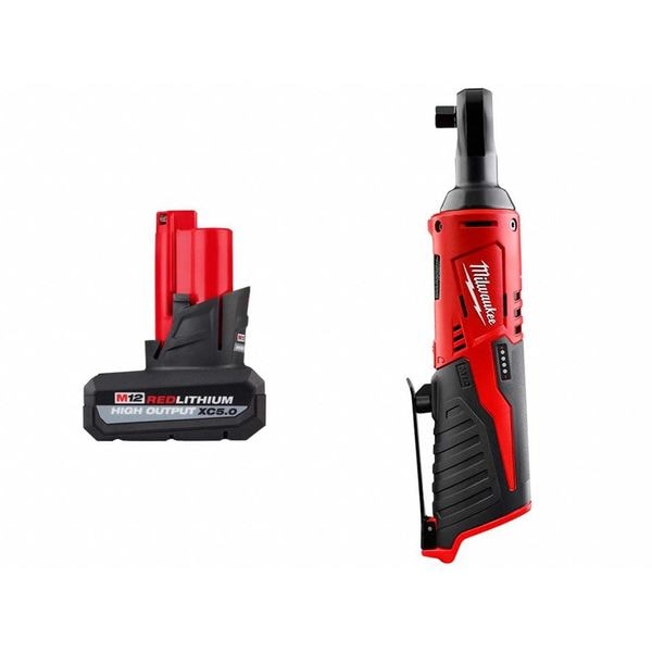Milwaukee Tool Battery and Ratchet, Cordless Tool Kit Contents (1) Bare Tool, (1) Battery, Voltage 12V DC - 48-11-2450, 2457-20