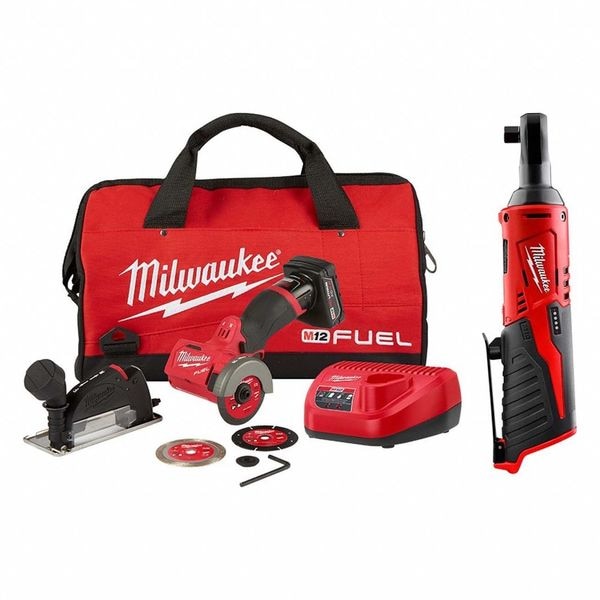 Milwaukee Tool Cut Off Saw and Ratchet, 12 V, Includes Battery/Charger - 2522-21XC, 2457-20