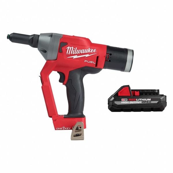 Milwaukee Tool Rivet Tool and Battery, 18 V, Stroke Length 1 3/16 in, Includes 3.0 Ah Battery - 2660-20, 48-11-1835