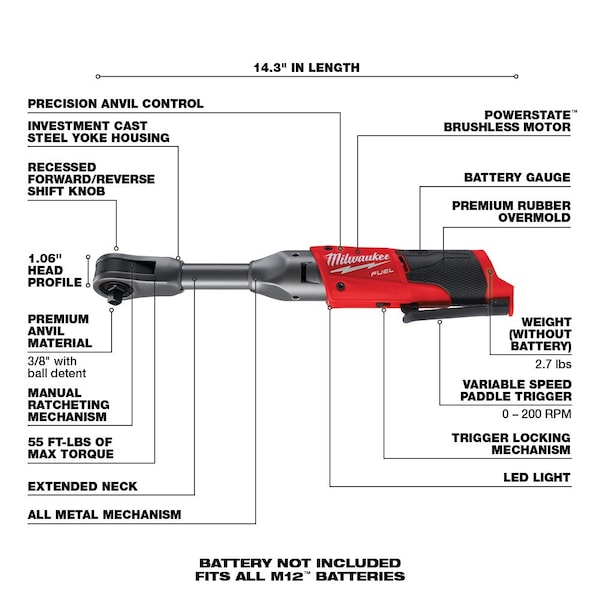 Milwaukee Tool Cordless Ratchet, 12V DC, 55 ft-lb Torque, Includes Battery - 2560-20, 48-11-2440