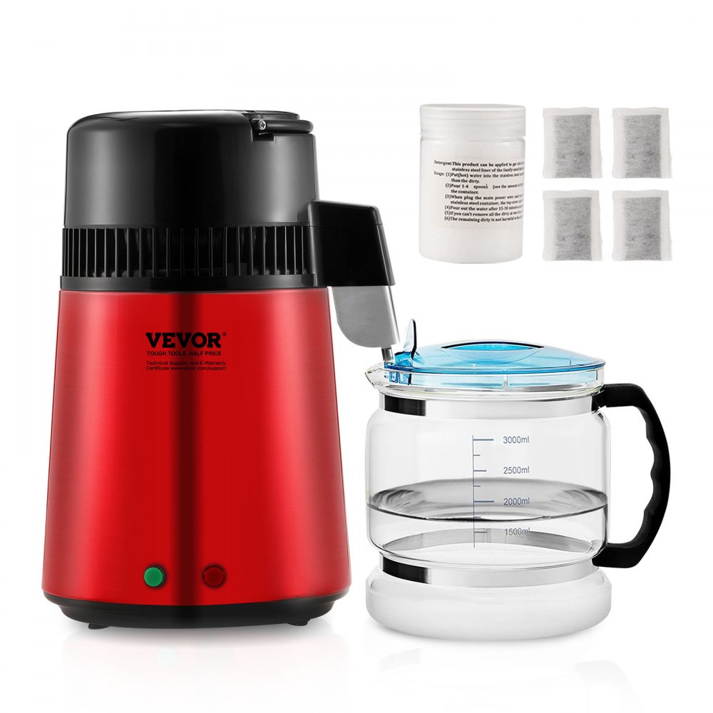 VEVOR Water Distiller, 4L 1.05 Gallon Pure Water Purifier Filter For Home Countertop, 750W Distilled Water Maker, Stainless Steel Interior Distiller Water Making Machine to Make Clean Water, Red - BXGZLSJJH4LD7H83YV1