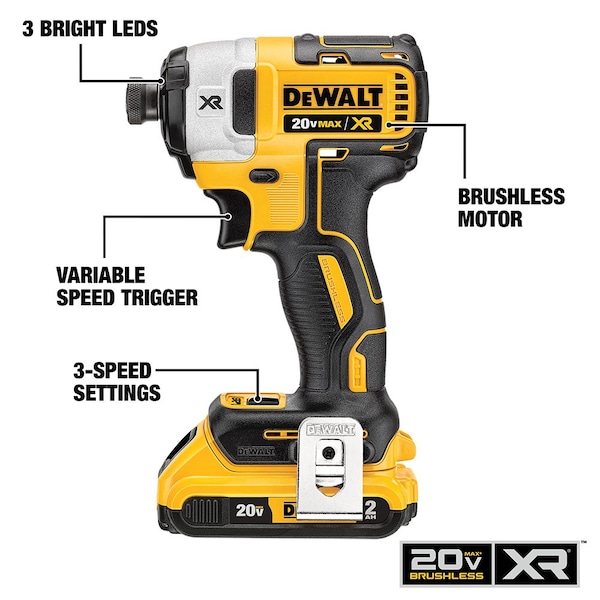 Dewalt 20V 1/4 in. Cordless 3-speed Impact Driver Kit with (2) 2.0Ah Batteries - DCF887D2