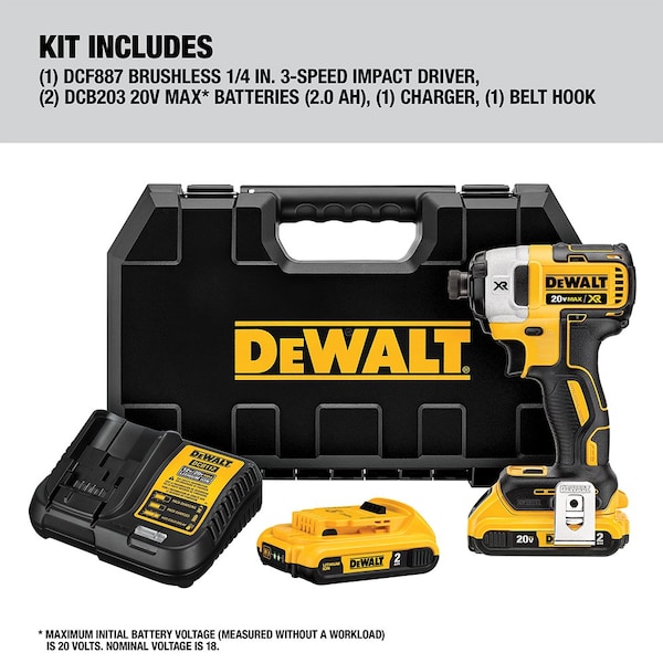Dewalt 20V 1/4 in. Cordless 3-speed Impact Driver Kit with (2) 2.0Ah Batteries - DCF887D2