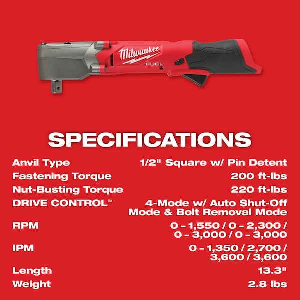 Milwaukee Tool M12 FUEL 1/2 in. Right Angle Impact Wrench with Pin Detent (Bare Tool) - 2565P-20