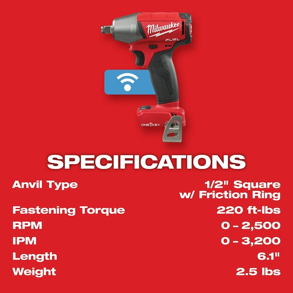 Milwaukee Tool M18 FUEL w/ONE-KEY 1/2" Compact Impact Wrench w/ Friction Ring - 2759B-20