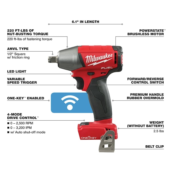 Milwaukee Tool M18 FUEL w/ONE-KEY 1/2" Compact Impact Wrench w/ Friction Ring - 2759B-20
