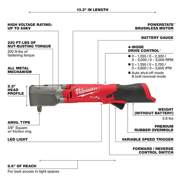 Milwaukee Tool M12 FUEL 3/8 in. Right Angle Impact Wrench with Friction Ring (Bare Tool) - 2564-20