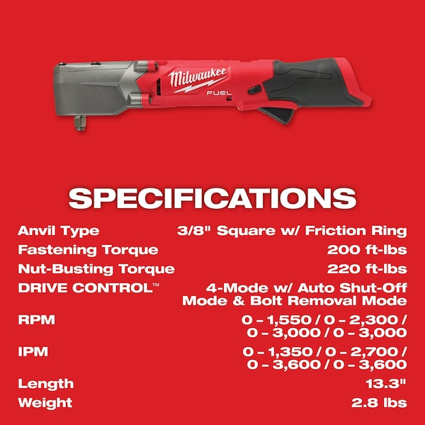 Milwaukee Tool M12 FUEL 3/8 in. Right Angle Impact Wrench with Friction Ring (Bare Tool) - 2564-20