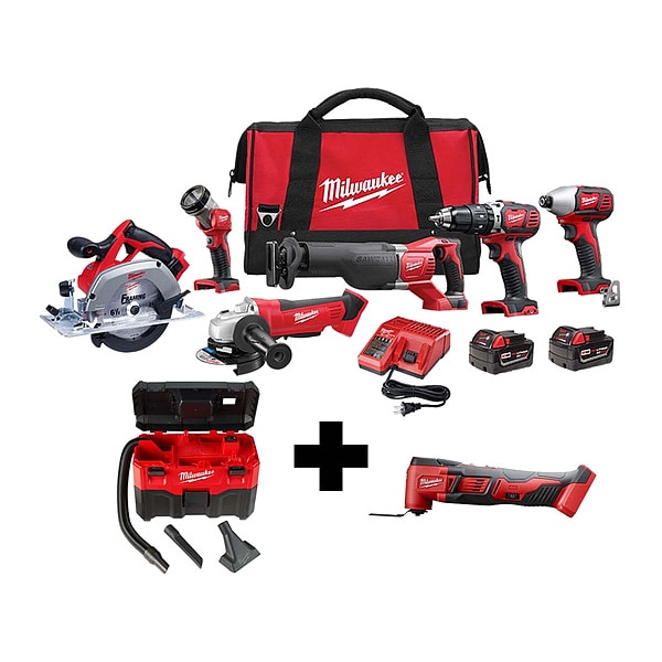 Milwaukee Tool Vacuum and Multi-Tool Combo Kit, 18 V, Drive Size 1/2 in, Includes Battery/Charger - 2696-26, 0880-20, 2626-20