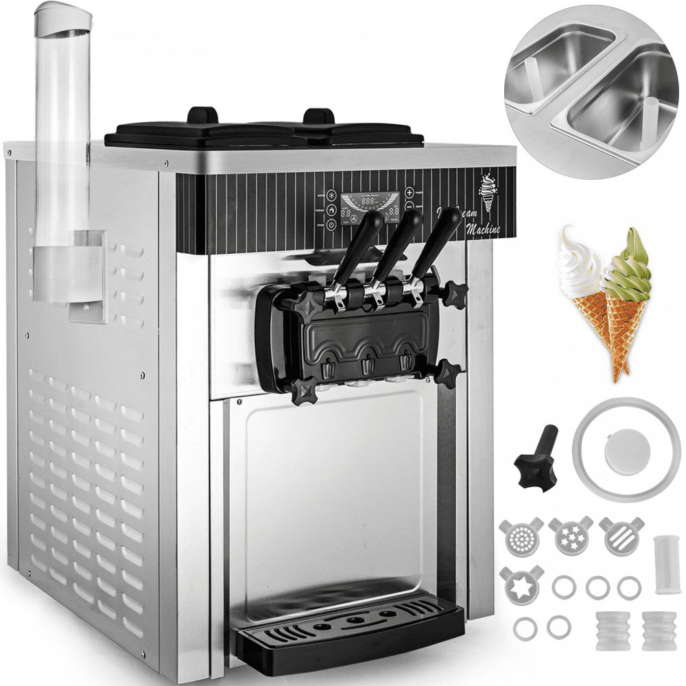 VEVOR Commercial Ice Cream Machine 5.3 to 7.4Gal per Hour Soft Serve with LED Display Auto Clean 3 Flavors Perfect for Restaurants Snack Bar, 2200W, Sliver - BJLJYKF-8218TPDT1V1
