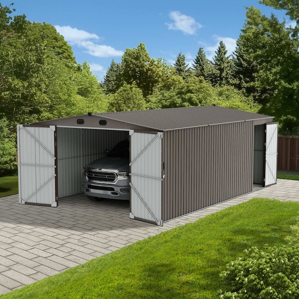 Sunjoy 13 ft. x 20 ft. Outdoor Storage Shed, Carport, Light Grey - A110006611