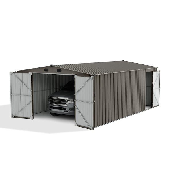 Sunjoy 13 ft. x 20 ft. Outdoor Storage Shed, Carport, Light Grey - A110006611