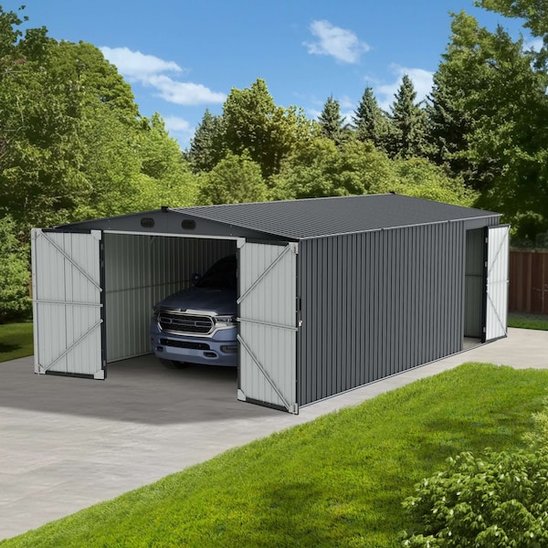 Sunjoy 13 ft. x 20 ft. Outdoor Storage Shed, Carport, Dark Grey - A110006610