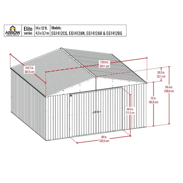 Arrow Storage Products Elite Steel Storage Shed, 14x12, Cool Grey - EG1412CG