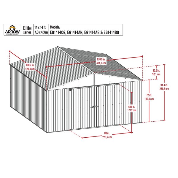 Arrow Storage Products Elite Steel Storage Shed, 14x14, Anthracite - EG1414AN