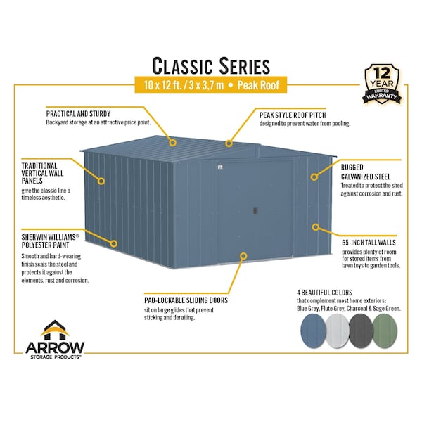 Arrow Storage Products 10x12 Classic Steel Storage Shed, Sage Green - CLG1012SG