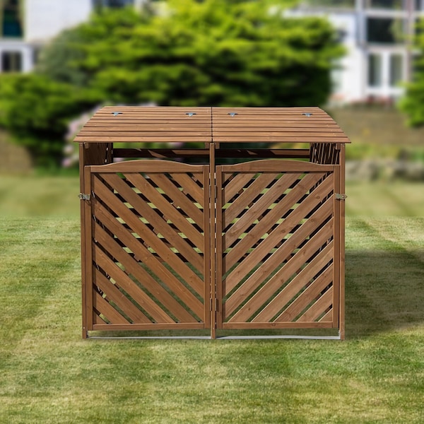 Hanover Wooden Trash and Recyclables Bin Storage Shed with Dual Front Doors and Hinged Top Lids in Brown - HANWS0104-BRN