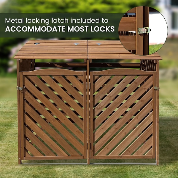 Hanover Wooden Trash and Recyclables Bin Storage Shed with Dual Front Doors and Hinged Top Lids in Brown - HANWS0104-BRN